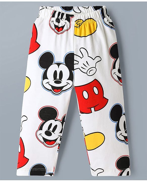 Babyhug Disney 100% Cotton Knit Full Sleeves Co-Ords Shirt & Pyjama Night Suit With Mickey Mouse Graphic - White