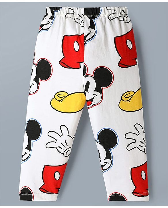 Babyhug Disney 100% Cotton Knit Full Sleeves Co-Ords Shirt & Pyjama Night Suit With Mickey Mouse Graphic - White