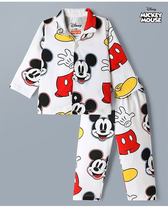 Babyhug Disney 100% Cotton Knit Full Sleeves Co-Ords Shirt & Pyjama Night Suit With Mickey Mouse Graphic - White