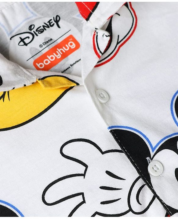Babyhug Disney 100% Cotton Knit Full Sleeves Co-Ords Shirt & Pyjama Night Suit With Mickey Mouse Graphic - White