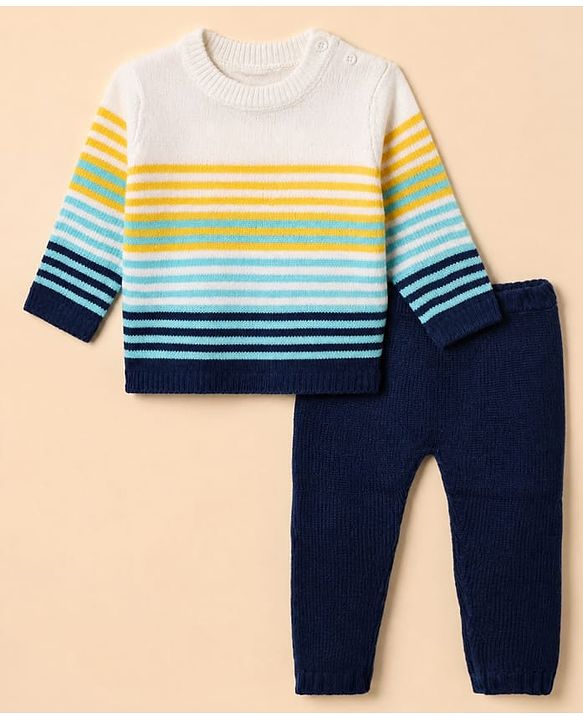 Babyhug Knit Full Sleeves Sweater and Pant Set with Stripes - Blue