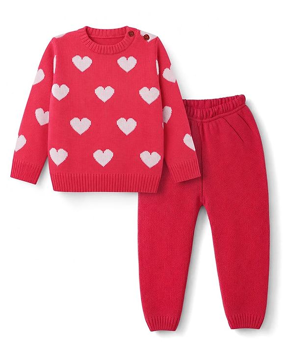 Babyhug Knit Full Sleeves Sweater Set With Heart Design  - Red