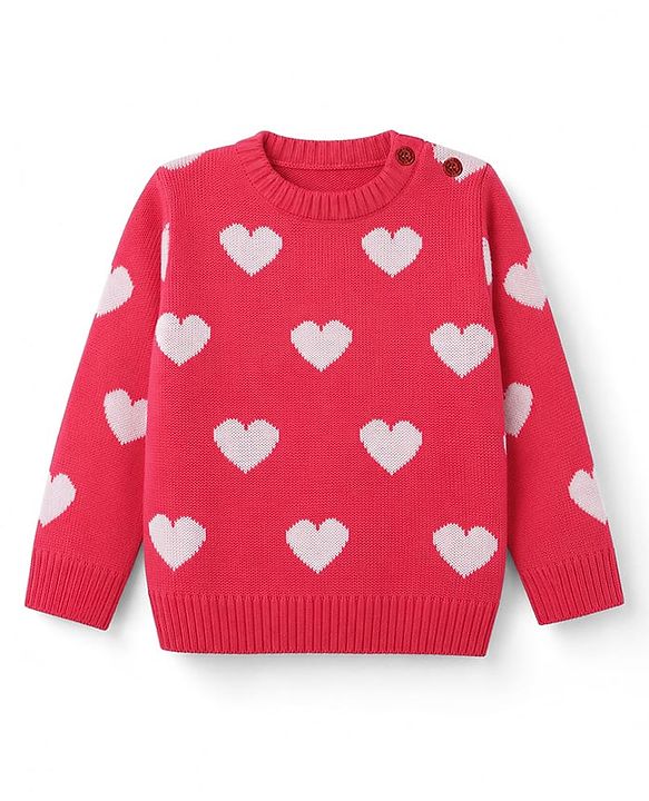 Babyhug Knit Full Sleeves Sweater Set With Heart Design  - Red