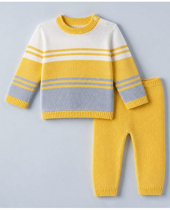 Babyhug Knit Full Sleeves Sweater and Pant Set with Stripes - Blue, Yellow
