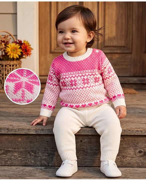 Babyhug Knit Full Sleeves Sweater Set With Floral Design - Pink