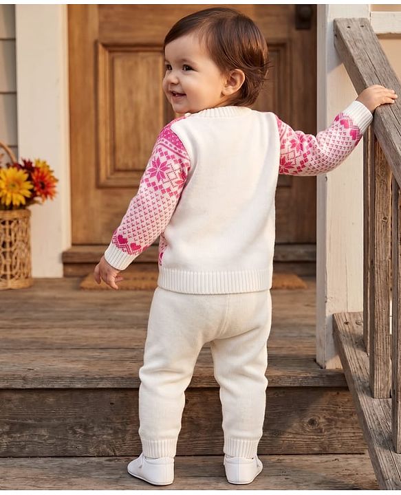 Babyhug Knit Full Sleeves Sweater Set With Floral Design - Pink