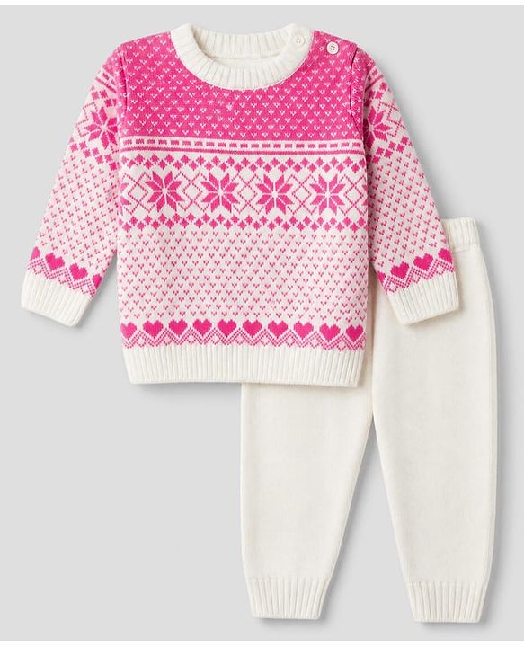 Babyhug Knit Full Sleeves Sweater Set With Floral Design - Pink