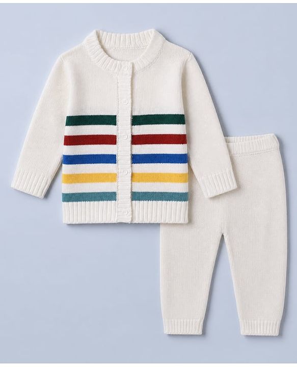 Babyhug Knit Full Sleeves Front Open Sweater and Pant Set with Stripes - White