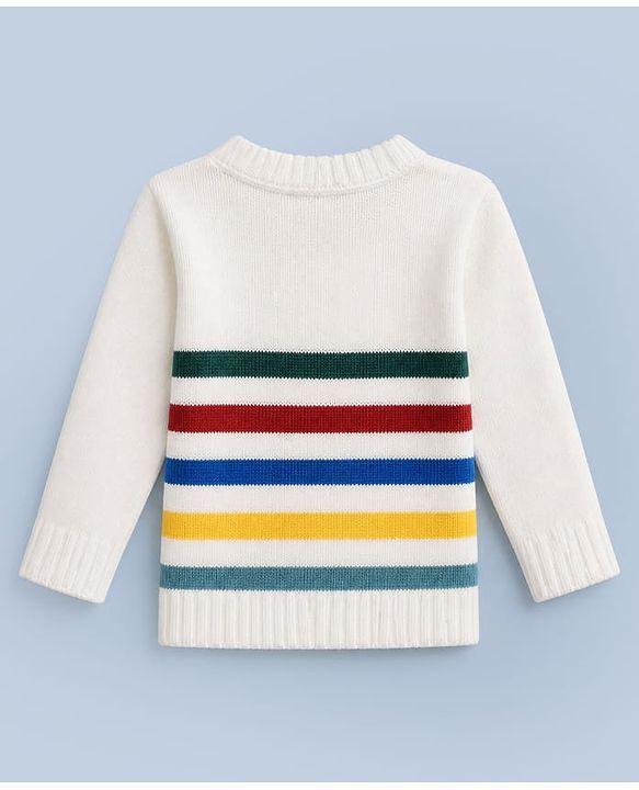 Babyhug Knit Full Sleeves Front Open Sweater and Pant Set with Stripes - White