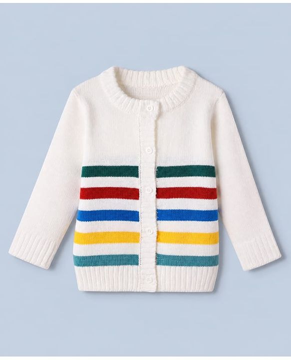 Babyhug Knit Full Sleeves Front Open Sweater and Pant Set with Stripes - White