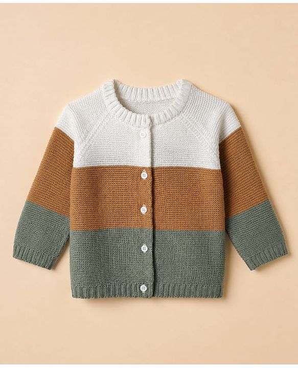 Babyhug Knit Full Raglan Sleeves Front Open Sweater and Pant Set with Color Block - Green Yellow