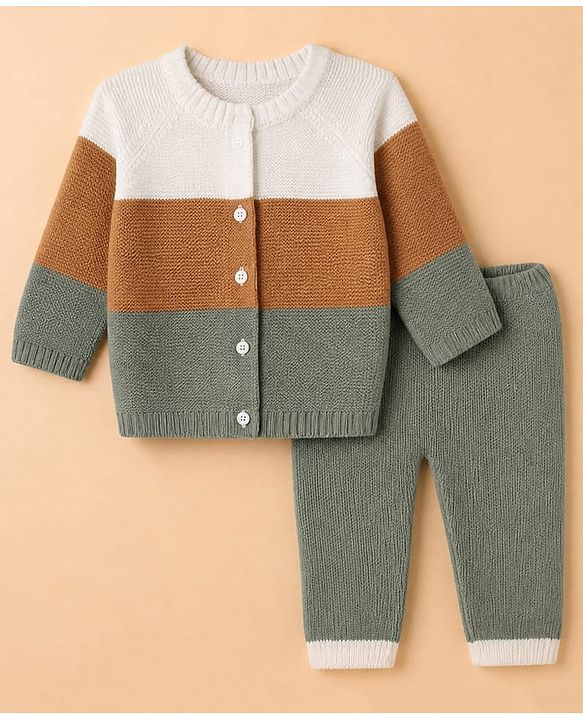 Babyhug Knit Full Raglan Sleeves Front Open Sweater and Pant Set with Color Block - Green Yellow