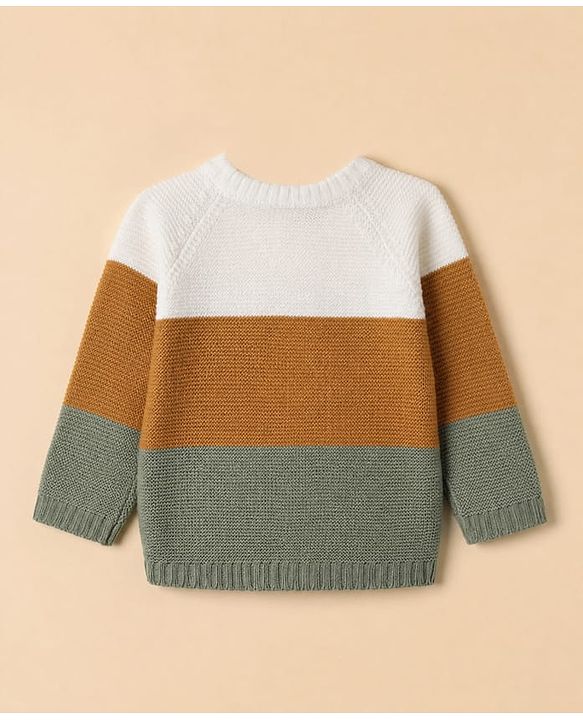 Babyhug Knit Full Raglan Sleeves Front Open Sweater and Pant Set with Color Block - Green Yellow