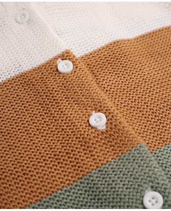 Babyhug Knit Full Raglan Sleeves Front Open Sweater and Pant Set with Color Block - Green Yellow