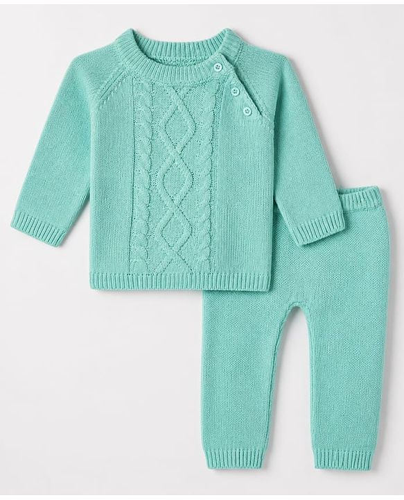Babyhug Knit Full Raglan Sleeves Sweater & Pant Set with Cable Knit - Blue