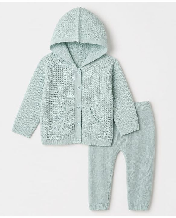 Babyhug Knit Full Sleeves Hooded Sweater & Pant Set with Cable Knit - Aqua Blue