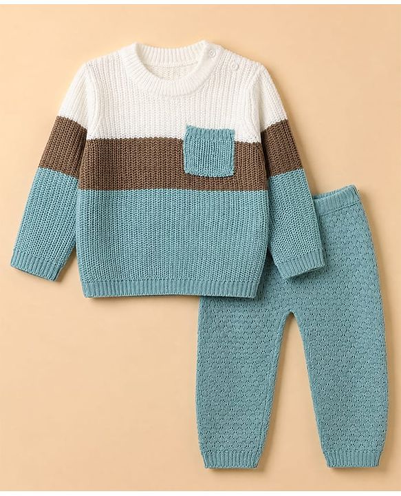 Babyhug Knit Full Sleeves Sweater & Pant Set with Color Block - Blue