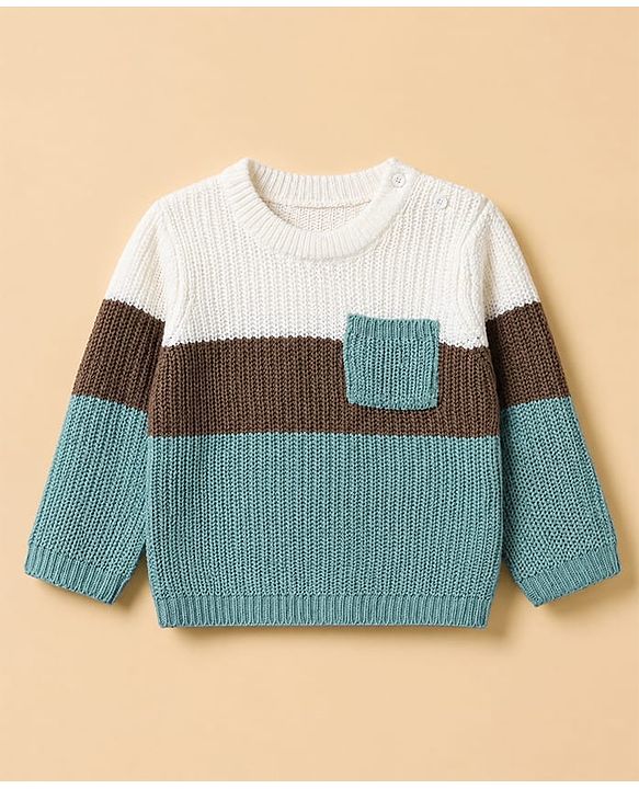 Babyhug Knit Full Sleeves Sweater & Pant Set with Color Block - Blue