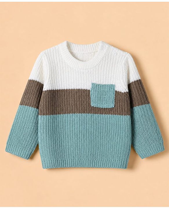 Babyhug Knit Full Sleeves Sweater & Pant Set with Color Block - Blue