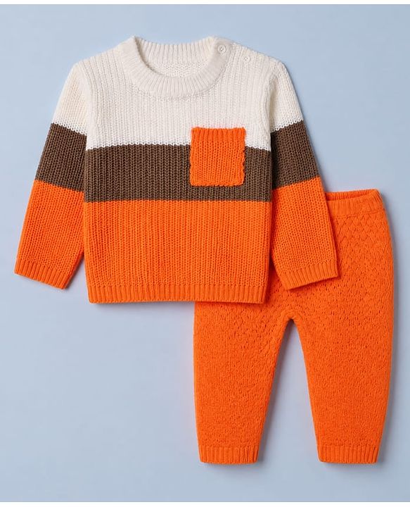 Babyhug Knit Full Sleeves Hooded Sweater & Pant Set with Cable Knit - Orange