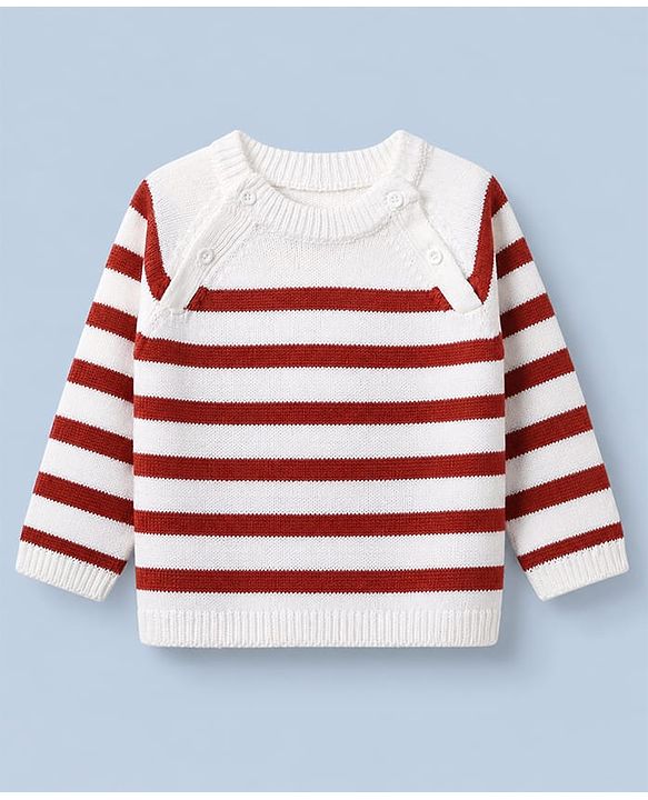Babyhug Knit Full Raglan Sleeves Striped Sweater & Pant Set - Dark Red, White