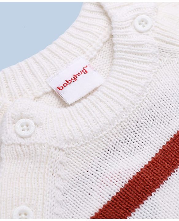 Babyhug Knit Full Raglan Sleeves Striped Sweater & Pant Set - Dark Red, White