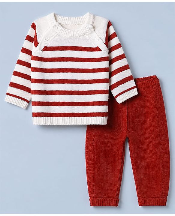 Babyhug Knit Full Raglan Sleeves Striped Sweater & Pant Set - Dark Red, White