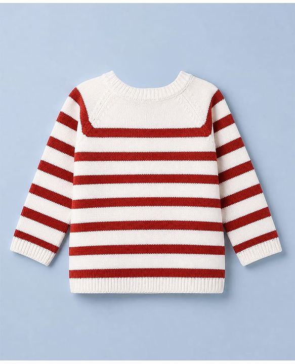 Babyhug Knit Full Raglan Sleeves Striped Sweater & Pant Set - Dark Red, White
