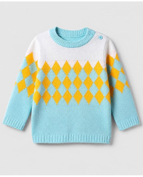 Babyhug Knit Full Sleeves Sweater & Pant Set with Argyle Embroidery - Blue