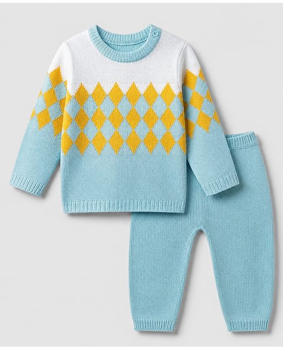 Babyhug Knit Full Sleeves Sweater & Pant Set with Argyle Embroidery - Blue