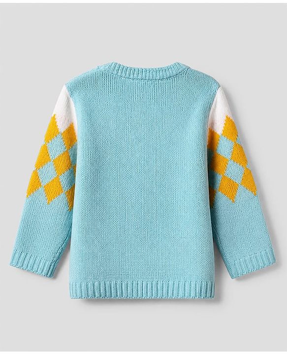 Babyhug Knit Full Sleeves Sweater & Pant Set with Argyle Embroidery - Blue
