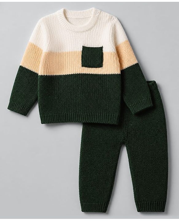 Babyhug Knit Full Sleeves Sweater & Pant Set with Color Block - Green