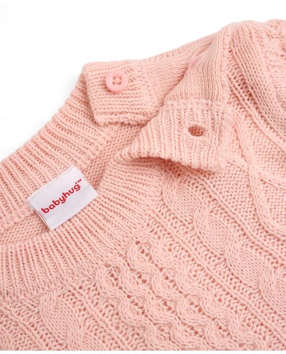 Babyhug Knit Full Sleeves Sweater and Pant Set with Cable Knit Design - Peach