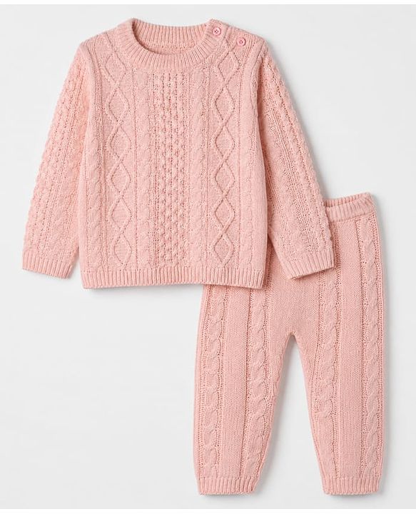 Babyhug Knit Full Sleeves Sweater and Pant Set with Cable Knit Design - Peach