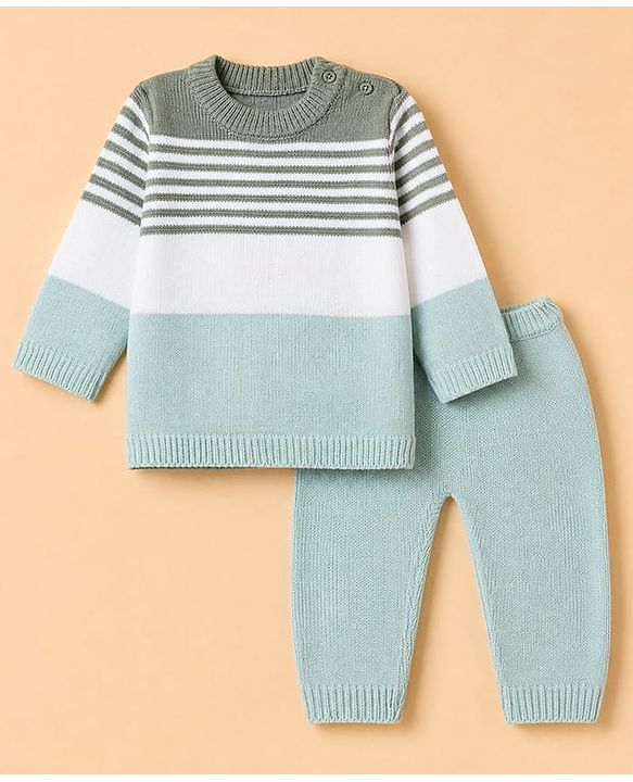 Babyhug Knit Full Sleeves Sweater and Pant Set with Stripes & Color Block - Light Blue