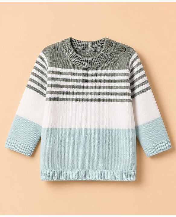 Babyhug Knit Full Sleeves Sweater and Pant Set with Stripes & Color Block - Light Blue