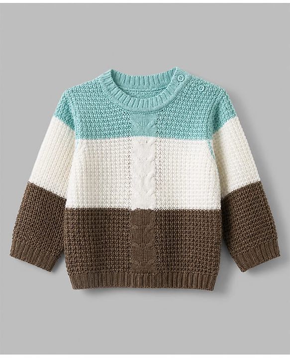 Babyhug Knit Full Sleeves Sweater and Pant Set with Cable Knit Design & Color Block - Beige &, Blue