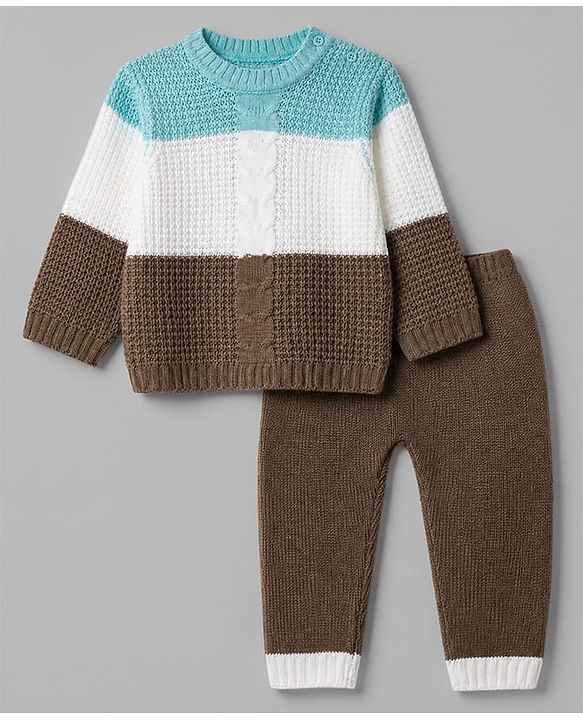 Babyhug Knit Full Sleeves Sweater and Pant Set with Cable Knit Design & Color Block - Beige &, Blue