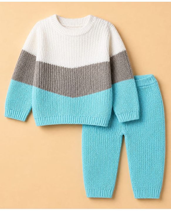 Babyhug Knit Full Sleeves Sweater and Pant Set with Color Block - Blue