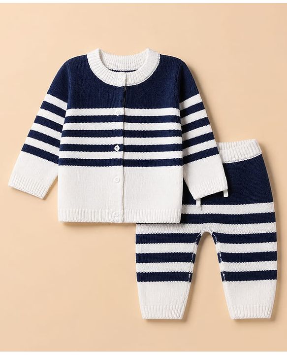 Babyhug Knit Full Sleeves Front Open Sweater and Pant Set with Stripes - White, Navy Blue