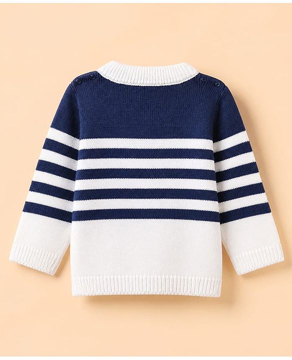 Babyhug Knit Full Sleeves Front Open Sweater and Pant Set with Stripes - White, Navy Blue