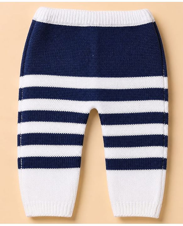 Babyhug Knit Full Sleeves Front Open Sweater and Pant Set with Stripes - White, Navy Blue