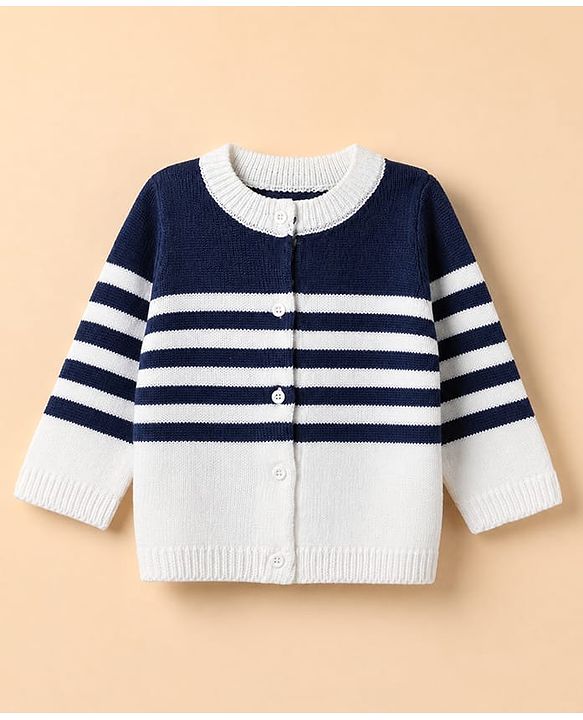 Babyhug Knit Full Sleeves Front Open Sweater and Pant Set with Stripes - White, Navy Blue