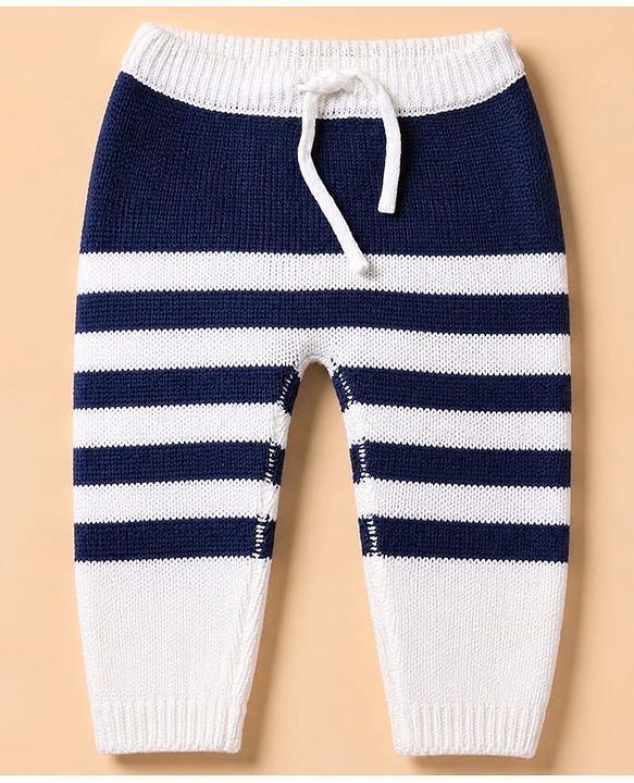 Babyhug Knit Full Sleeves Front Open Sweater and Pant Set with Stripes - White, Navy Blue