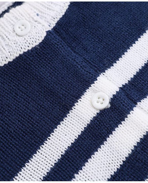 Babyhug Knit Full Sleeves Front Open Sweater and Pant Set with Stripes - White, Navy Blue