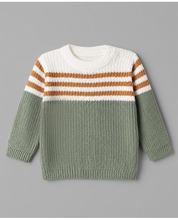 Babyhug Knit Full Sleeves Sweater and Pant Set with Stripes - Mustard, Green