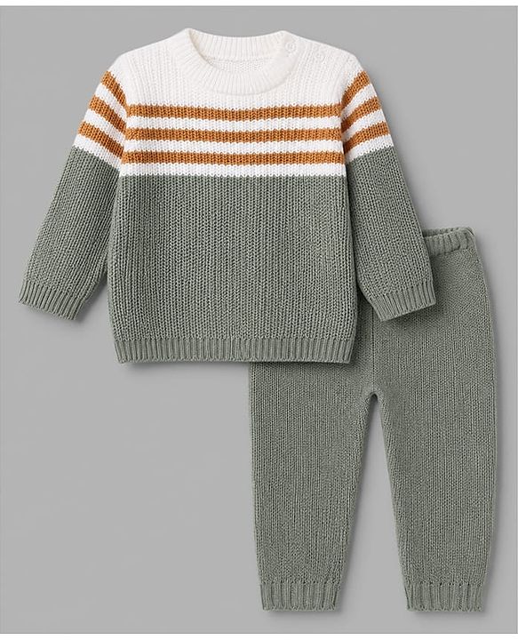 Babyhug Knit Full Sleeves Sweater and Pant Set with Stripes - Mustard, Green