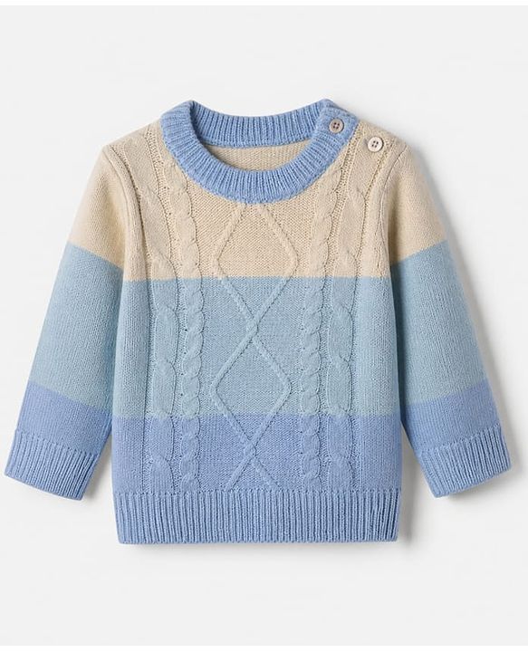 Babyhug Knit Full Sleeves Sweater and Pant Set with Color Block & Cable Knit - Blue