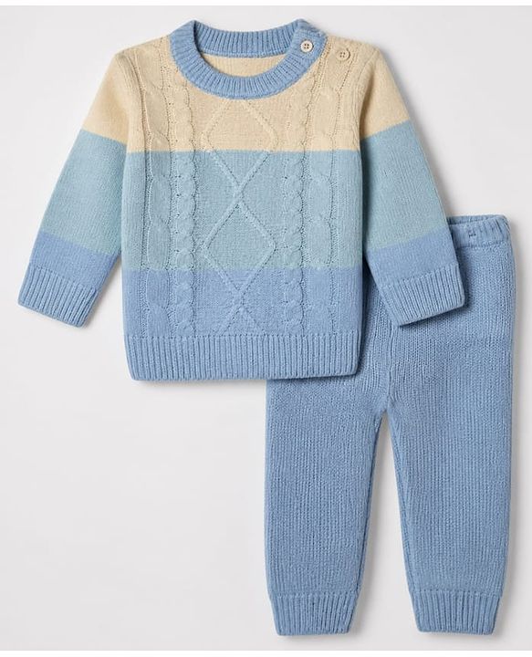 Babyhug Knit Full Sleeves Sweater and Pant Set with Color Block & Cable Knit - Blue