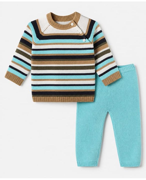 Babyhug Knit Full Sleeves Sweater and Pant Set with Stripes - Blue